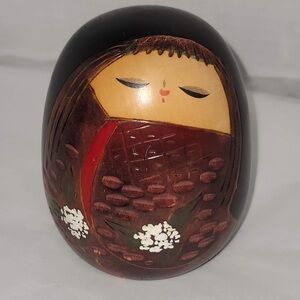 Kokeshi Baby Japanese Signed Wood 4" tall hand painted Carved
